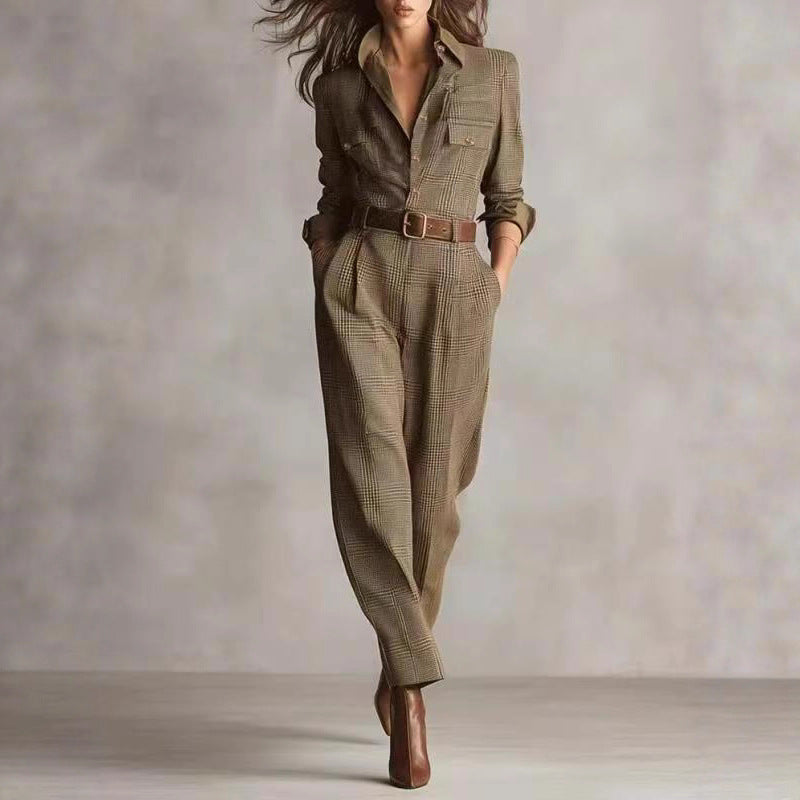 Women's Spring And Autumn Chic Plaid Jumpsuit