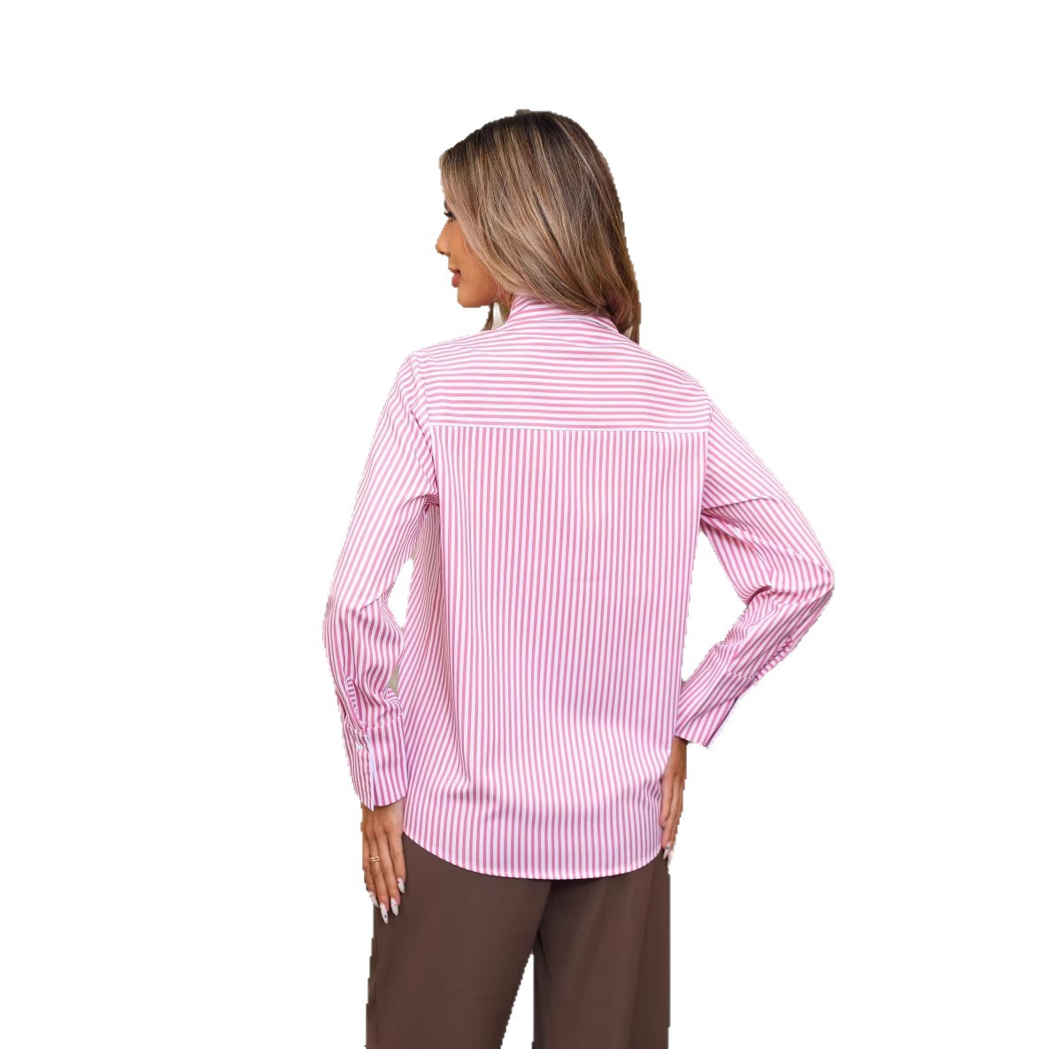 Womens Striped Loose-Fit Casual Collared Long-Sleeve Shirt
