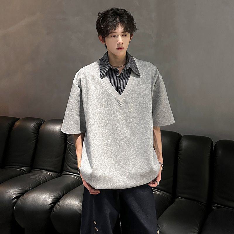 Casual Style Fake Two-Piece Shirt Collar Short-Sleeve Top For Men