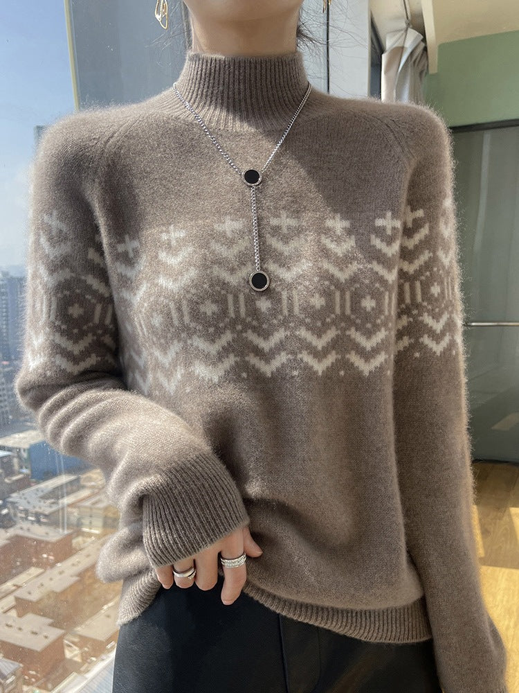 Autumn And Winter New Half Turtleneck Jacquard Thickened Knitting Loose Top