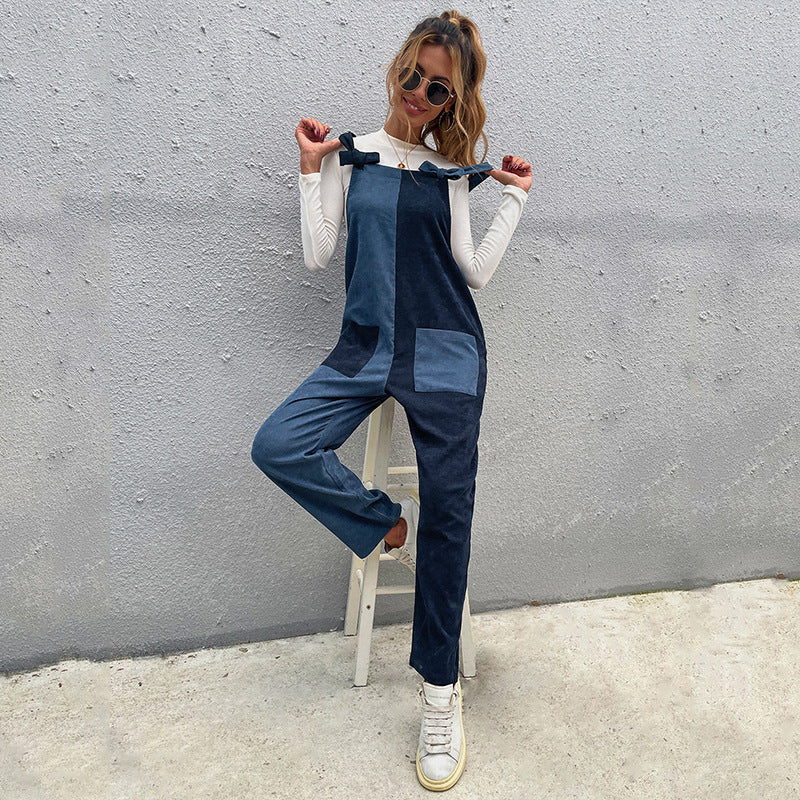 Two-color Stitching Casual Symmetrical Straps Long Ladies Jumpsuit