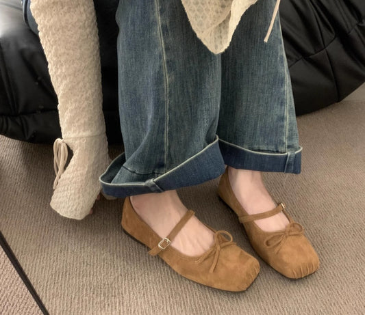 Women's 2026 New Spring & Autumn French Fairycore Suede Square-Toe Bow Mary Jane Flats For Office & Daily Wear