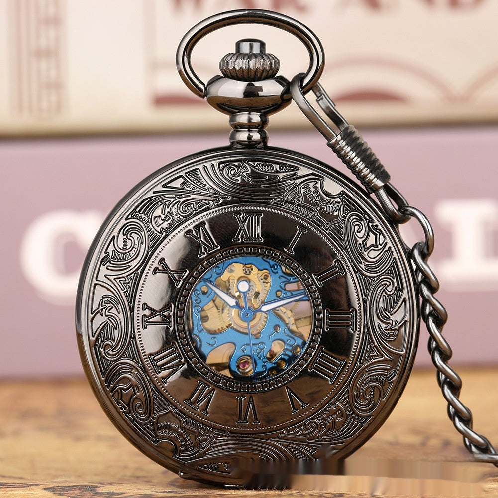 Retro Flip-Open Patterned Dual-Display Pocket Watch