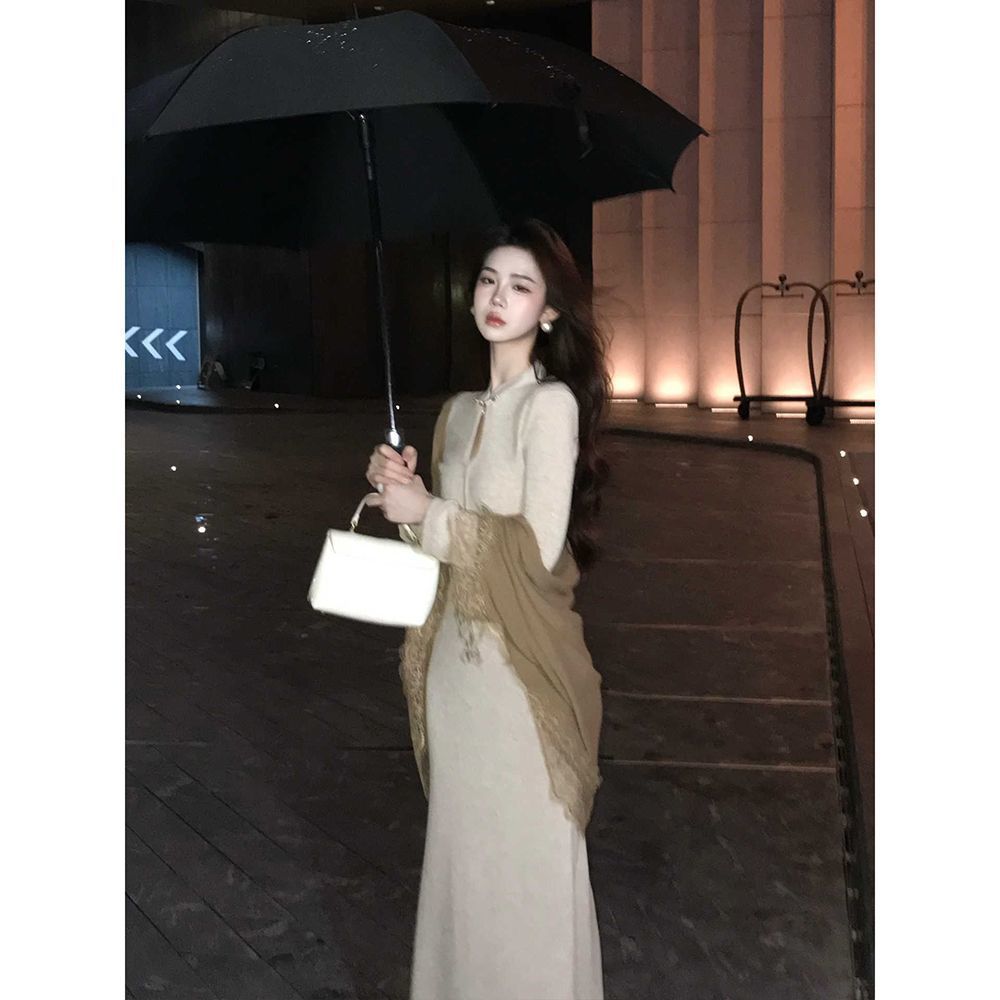 Stand Collar Embroidered Knitted Long Dress Cardigan Coat Women