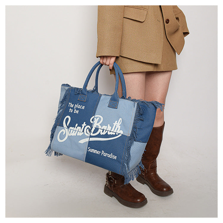 Women's Korean-style Letter Tassel Canvas Bag With Large Capacity