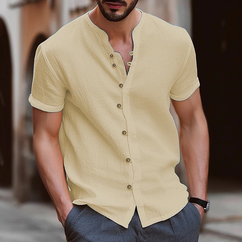 Stylish Mens Retro Button Cotton-linen Casual Short-sleeve Shirt