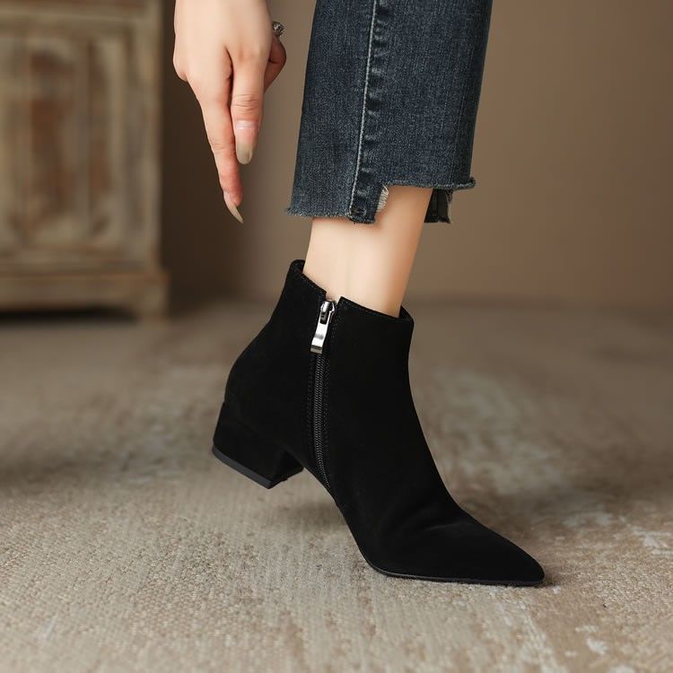 Women's Matte Suede Chunky-Heel Ankle Boots With Pointed Toe And Side Zipper