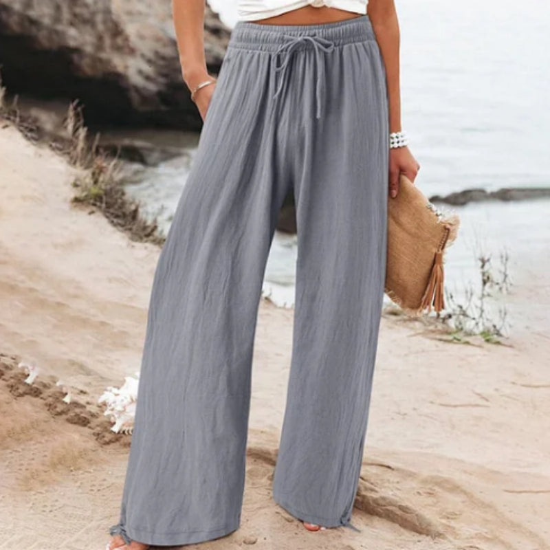Women'S Cotton & Linen Solid Color Wide Leg Casual Pants With Pockets
