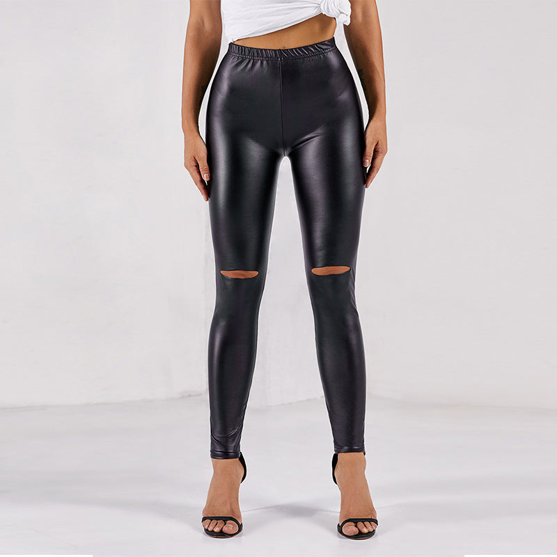 Tight Leather Pants Women High Waist Bright Color Sexy Ripped Leggings