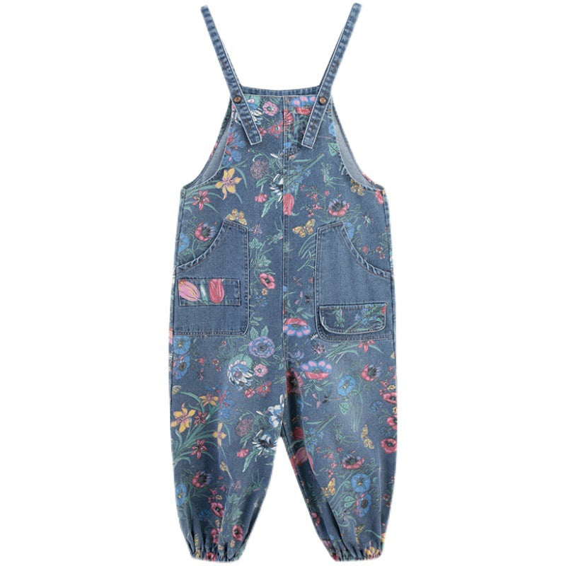 Women's Fashion Denim Printing Suspender Pants Age-reducing Ankle-tied Harem Pants