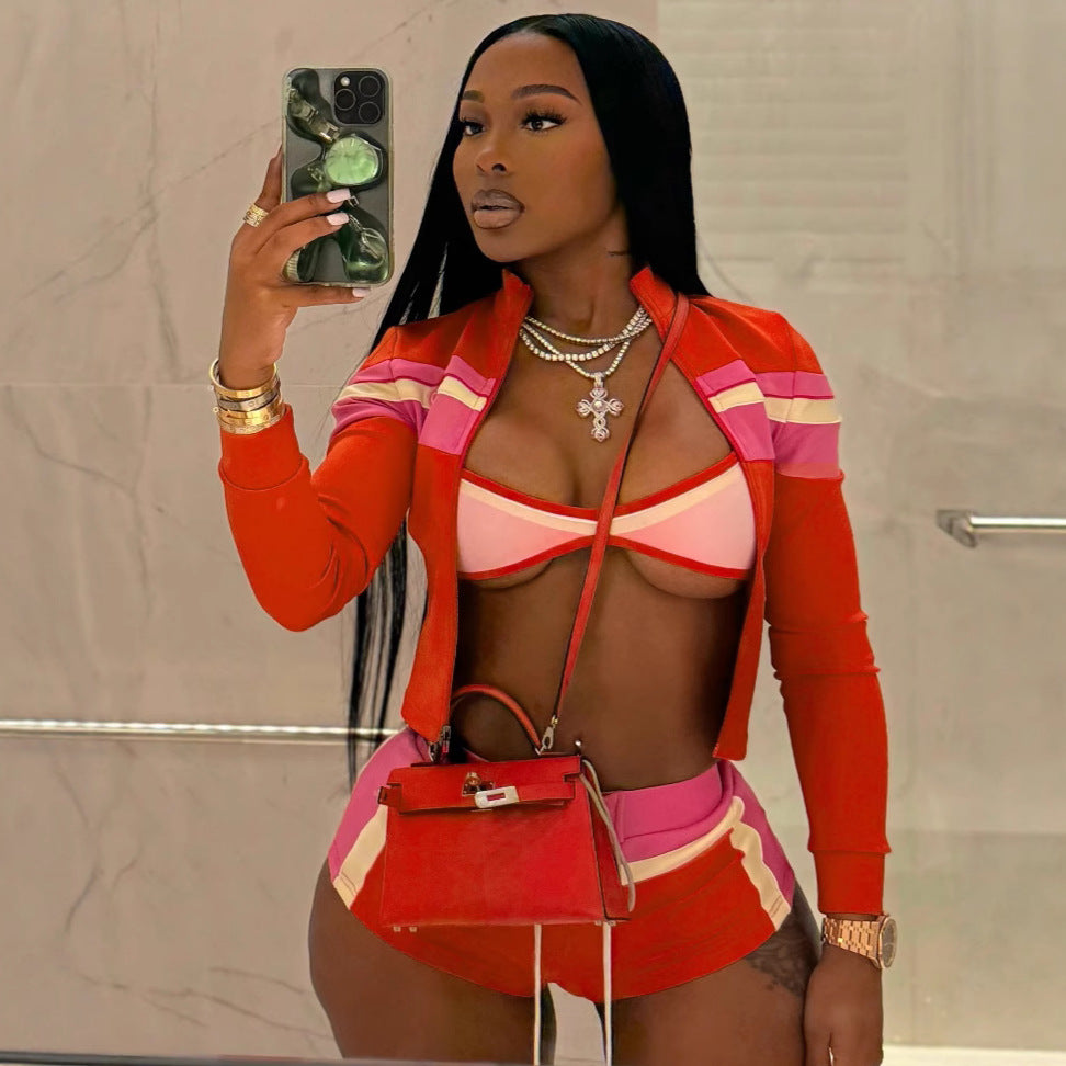 Women's Color Contrast Patchwork Long Sleeve Tied Hot Pants Three-piece Suit