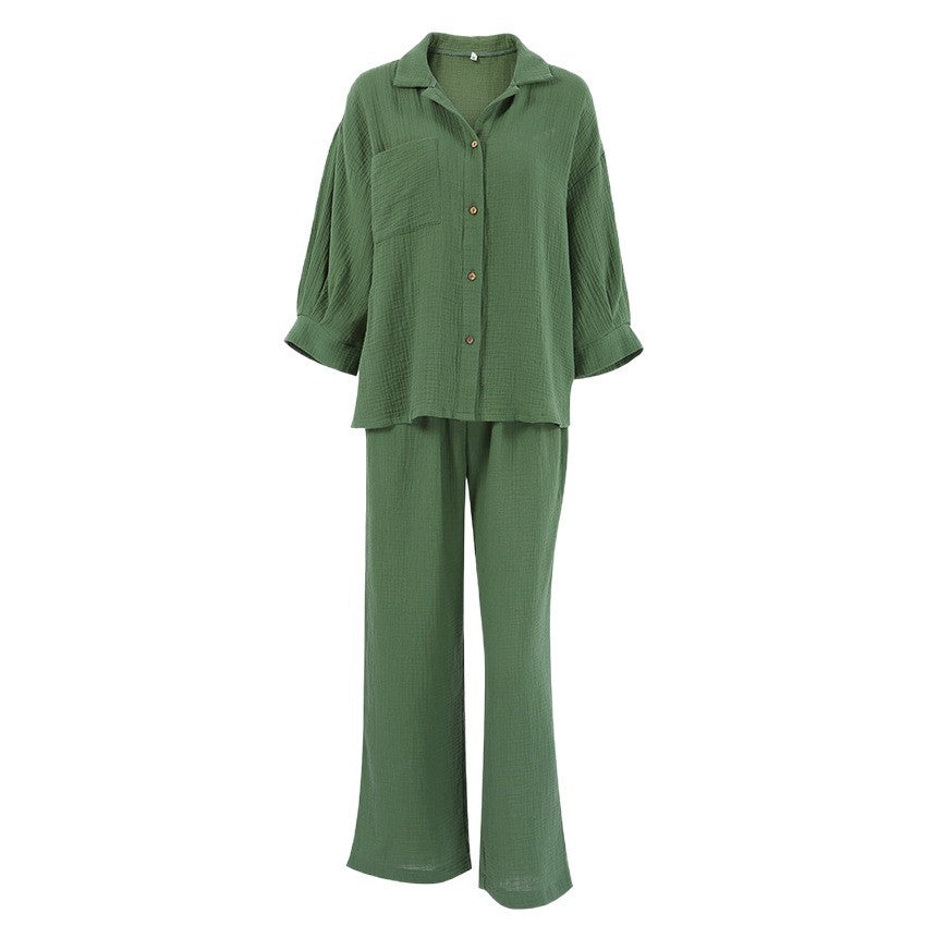 European And American Crepe Pajama Set Loose-fitting Shirt And Trousers