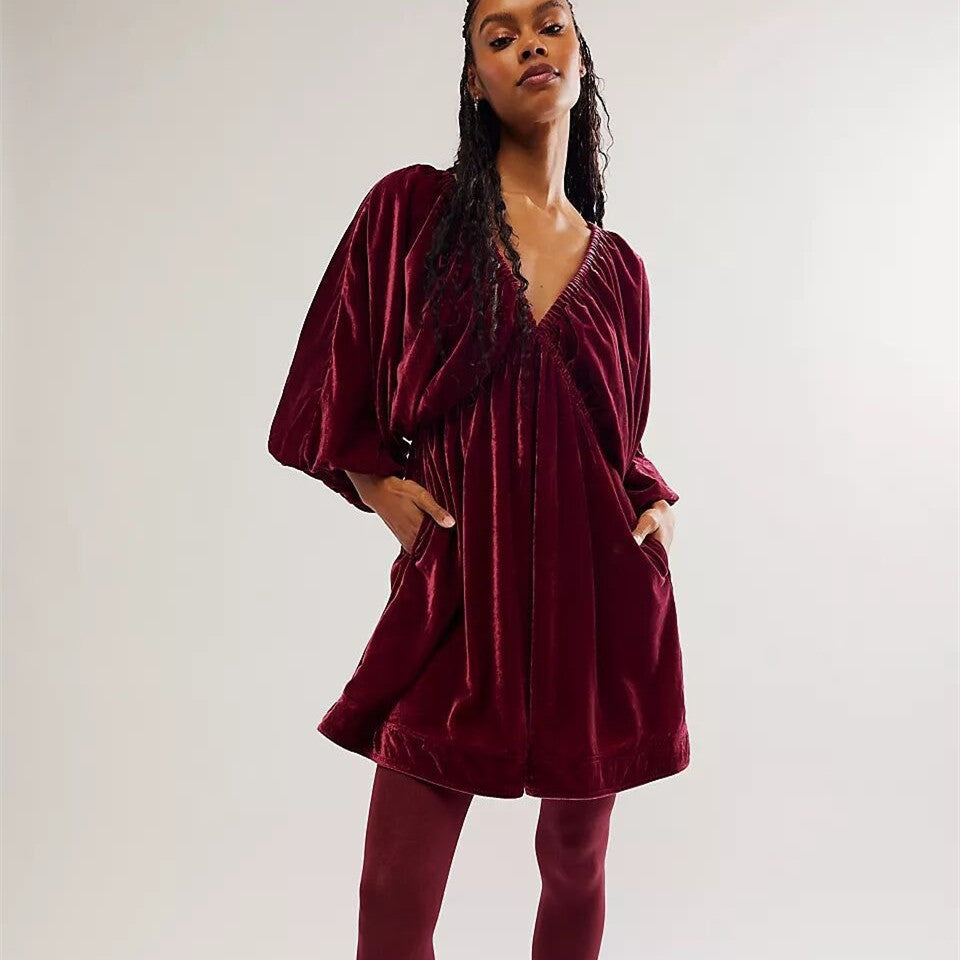 Women's Comfort And Casual Gold Velvet V-neck Dress