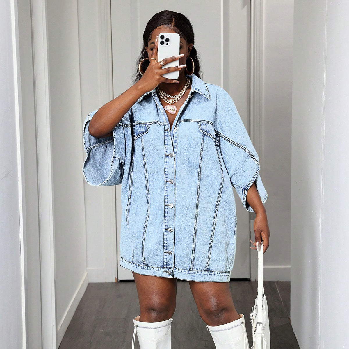 Street Style Sleeveless Shawl Loose Denim Jacket