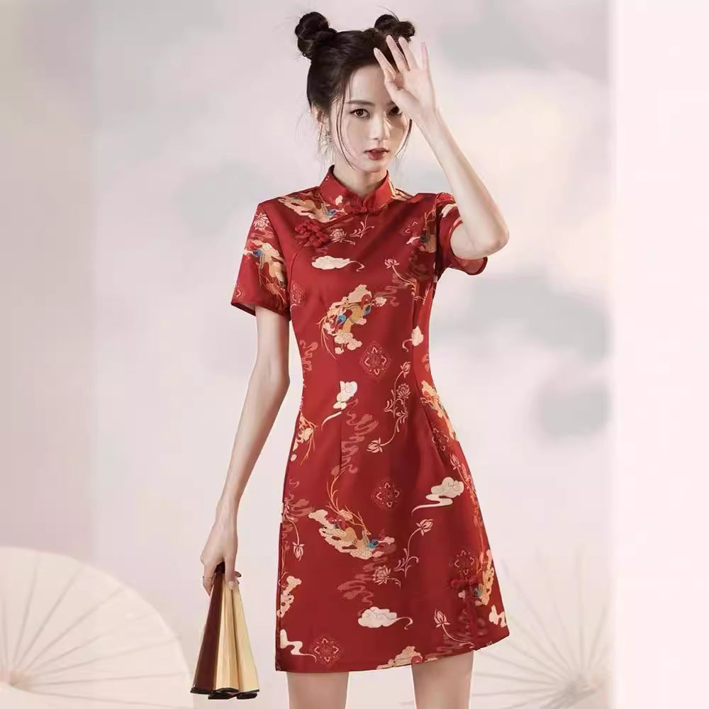 Womens Casual Retro Red Printed Dress