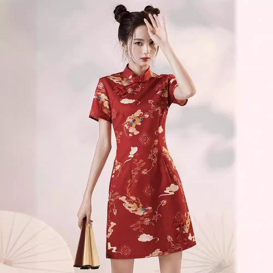 Womens Casual Retro Red Printed Dress