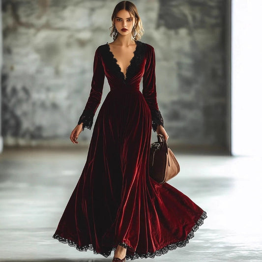 Retro V-neck Lace-seam Long-sleeve Maxi Dress