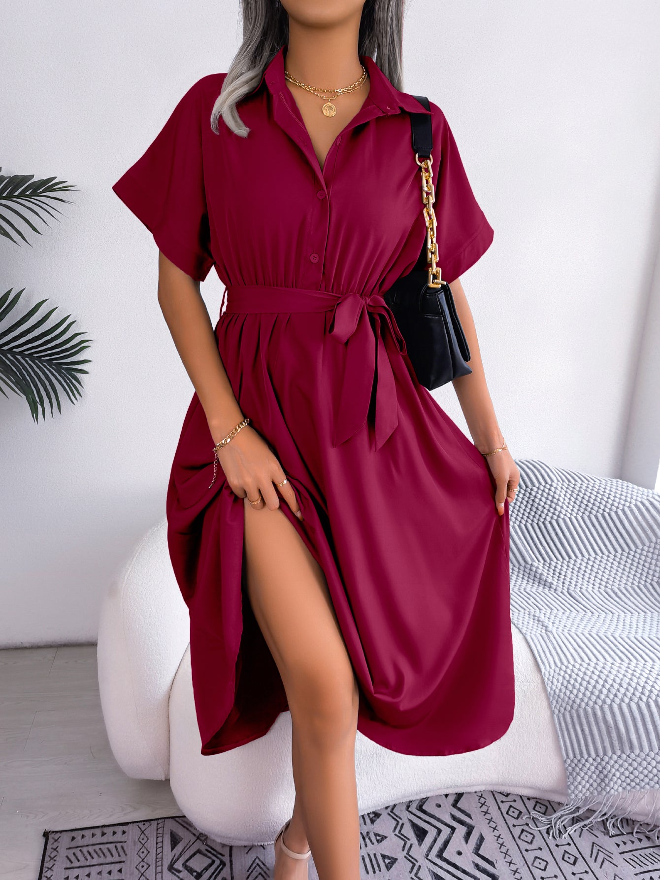 Women  Casual Loose Solid Color Tie Waist Shirt Maxi Dress