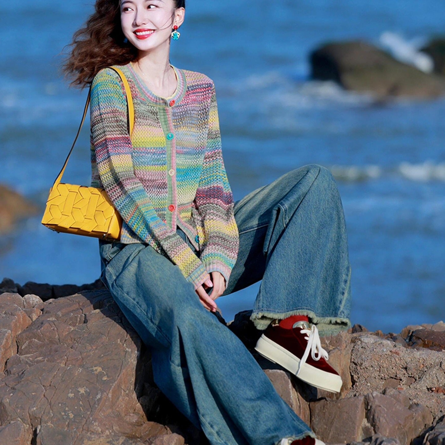 Dopamine Rainbow Fashionable Western Style Youthful-looking Knitted Cardigan