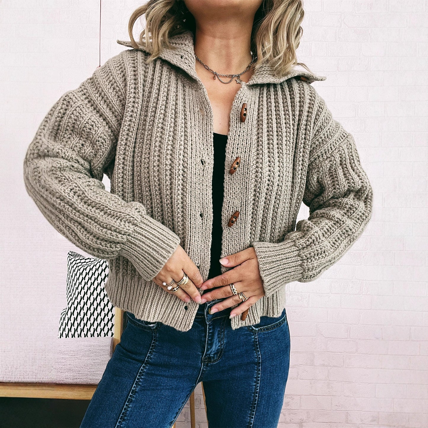 Lapel Long Sleeve Vintage Single-breasted Commute Leisure Thick Sweater