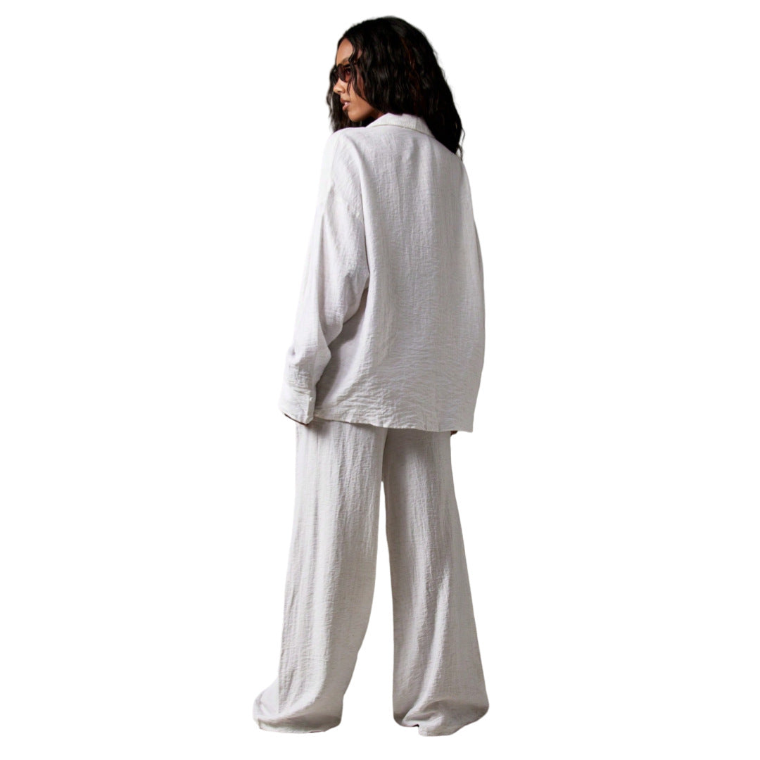 Solid-color Relaxed-fit Wide-leg Pants 2-piece Set