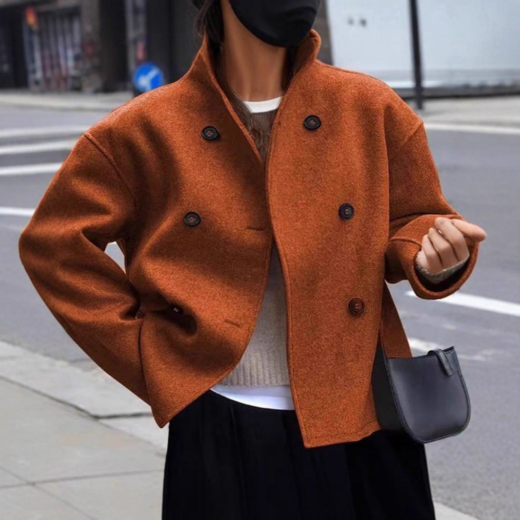 Women's Casual Double Breasted Solid Color Woolen Overcoat Coat