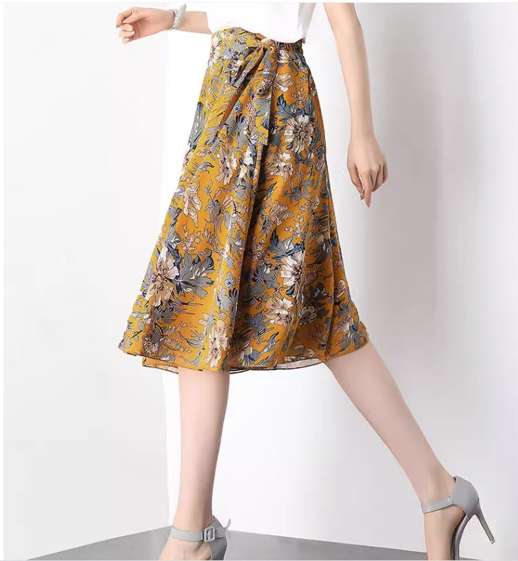 Loose Wide Leg High Waist Printed Chiffon Pantskirt