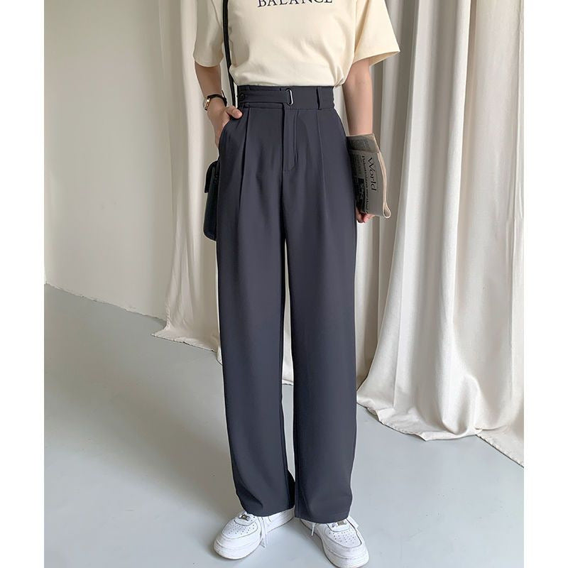 Summer Gray Small Suit Pants Women's Ice Silk High Waist Straight Narrow Wide-leg Pants