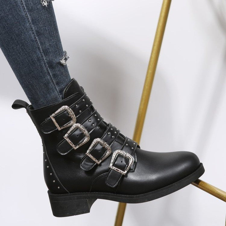 Women's Fashion Belt Buckle Flat Heel Mid-calf Chunky Heel Round Head Dr Martens Boots