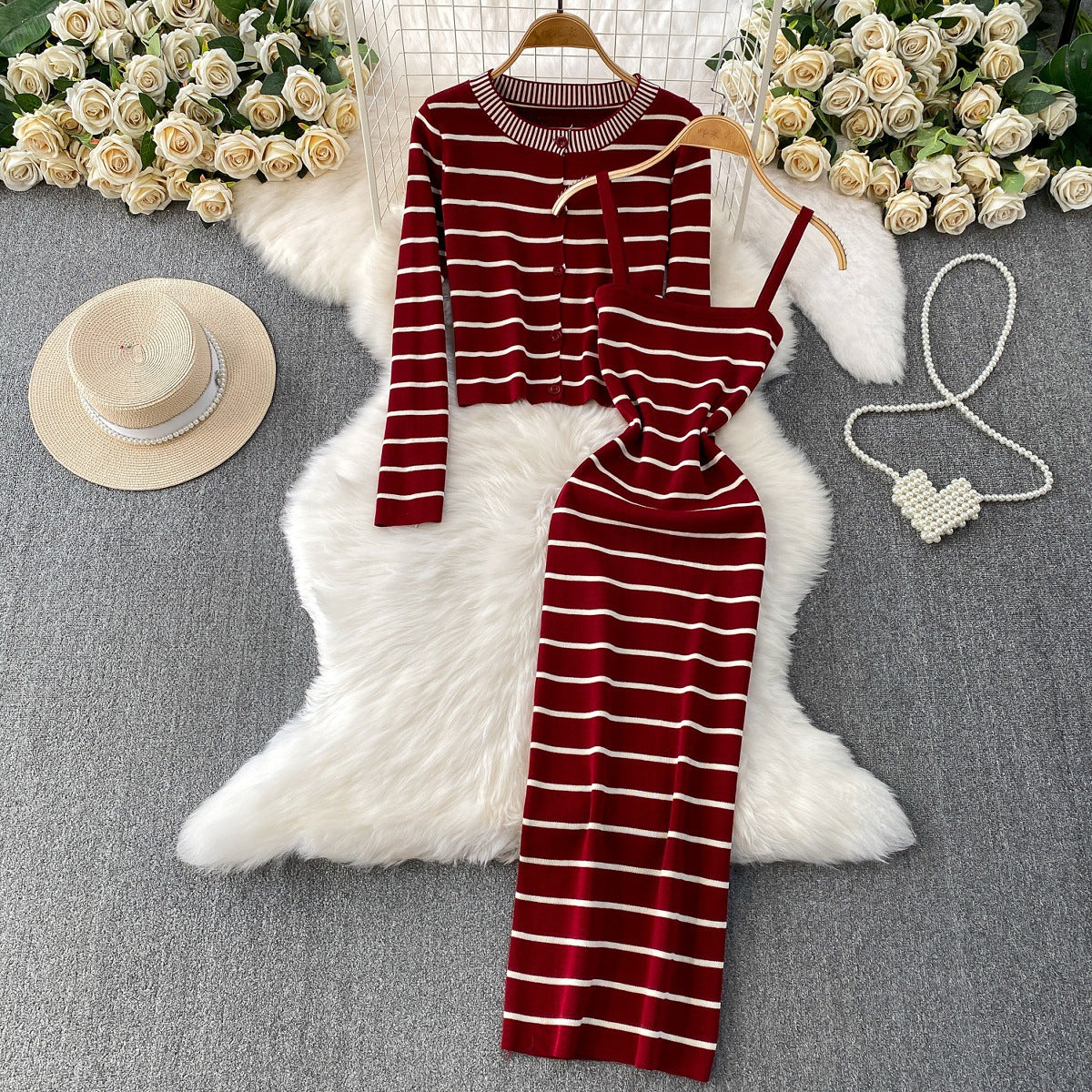 Elegant Striped Slip Dress And Knitted Cardigan Set