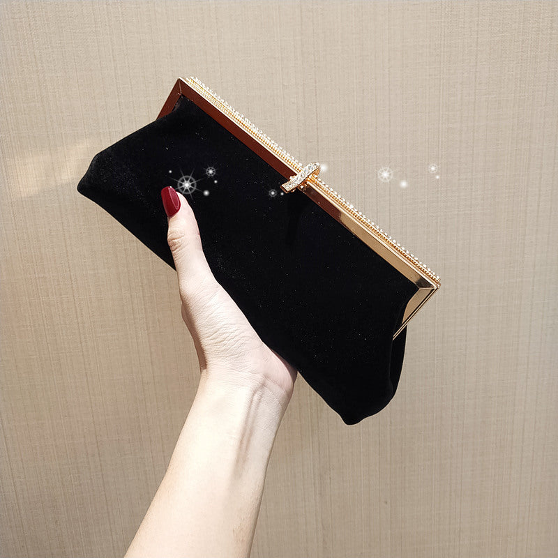 Black Clutch Bag With Diamond Velvet One Shoulder Diagonal