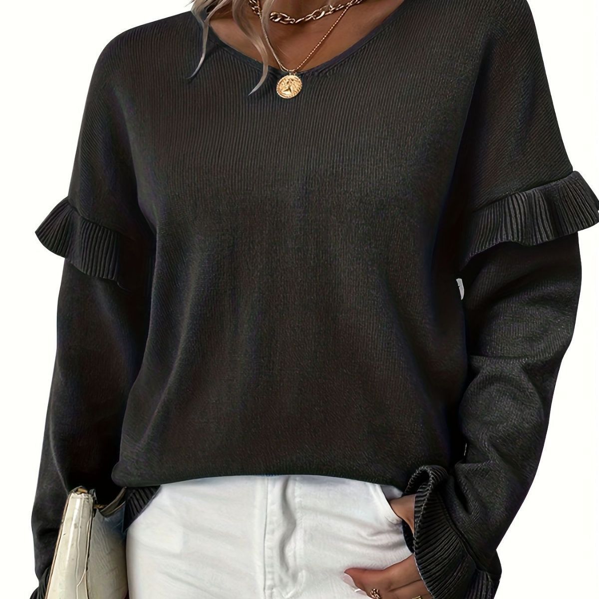 Solid Color And V-neck Petal Sleeve Sweater For Women