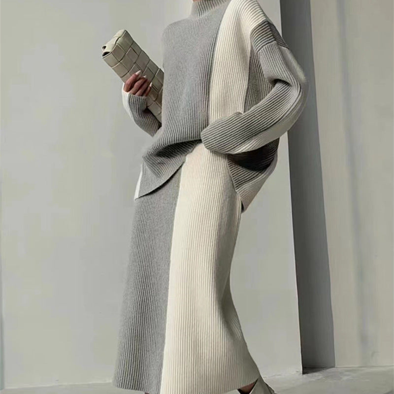 Color-block Design Sweater Skirt Set For Women