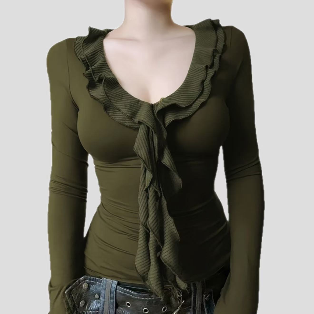 Women's Vintage Ruffled Tight Long-sleeved Sweater
