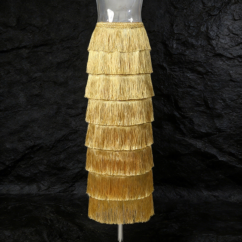 Fashionable Tassel-trimmed Layered Solid-color High-waisted Long Skirt