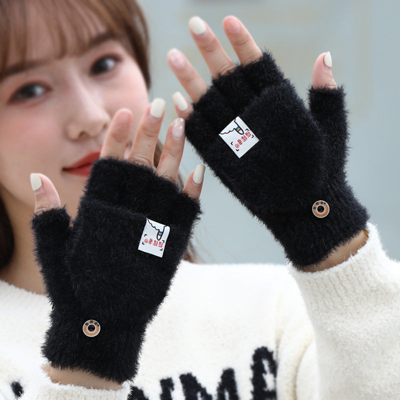 Knitted Plush Flap Half Finger Gloves