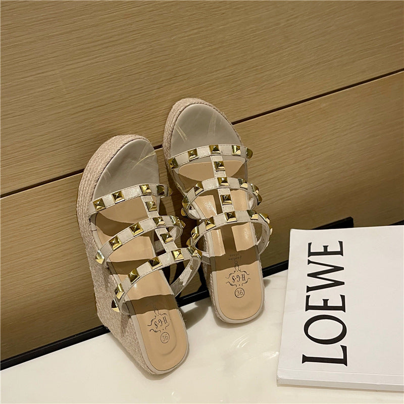 New Korean Rivet Straw Wedges For Women's Shoes