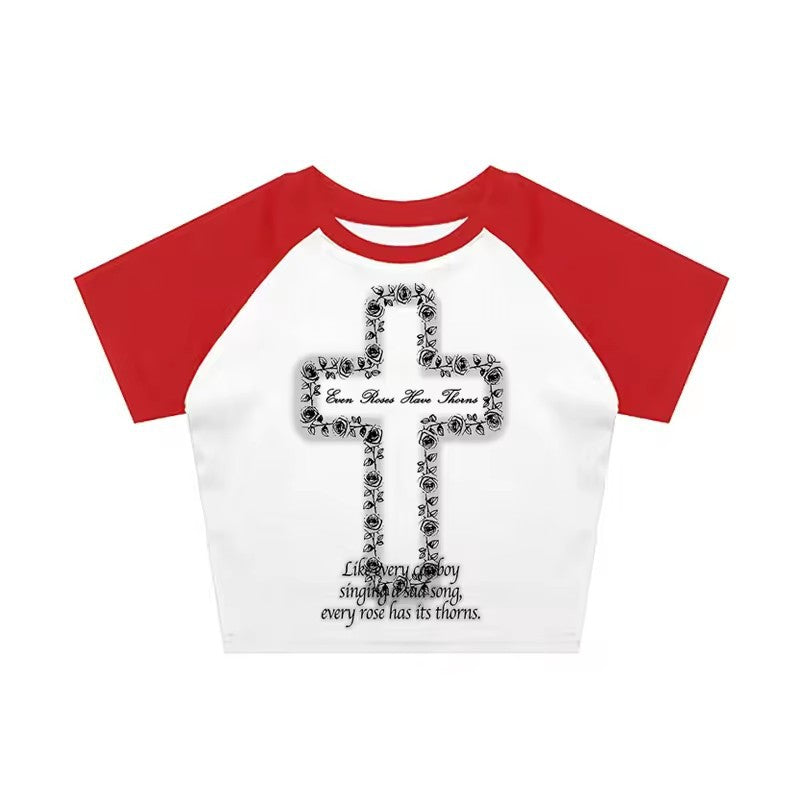 Cross-printed Color-block Crew-neck T-shirt With Short Sleeves