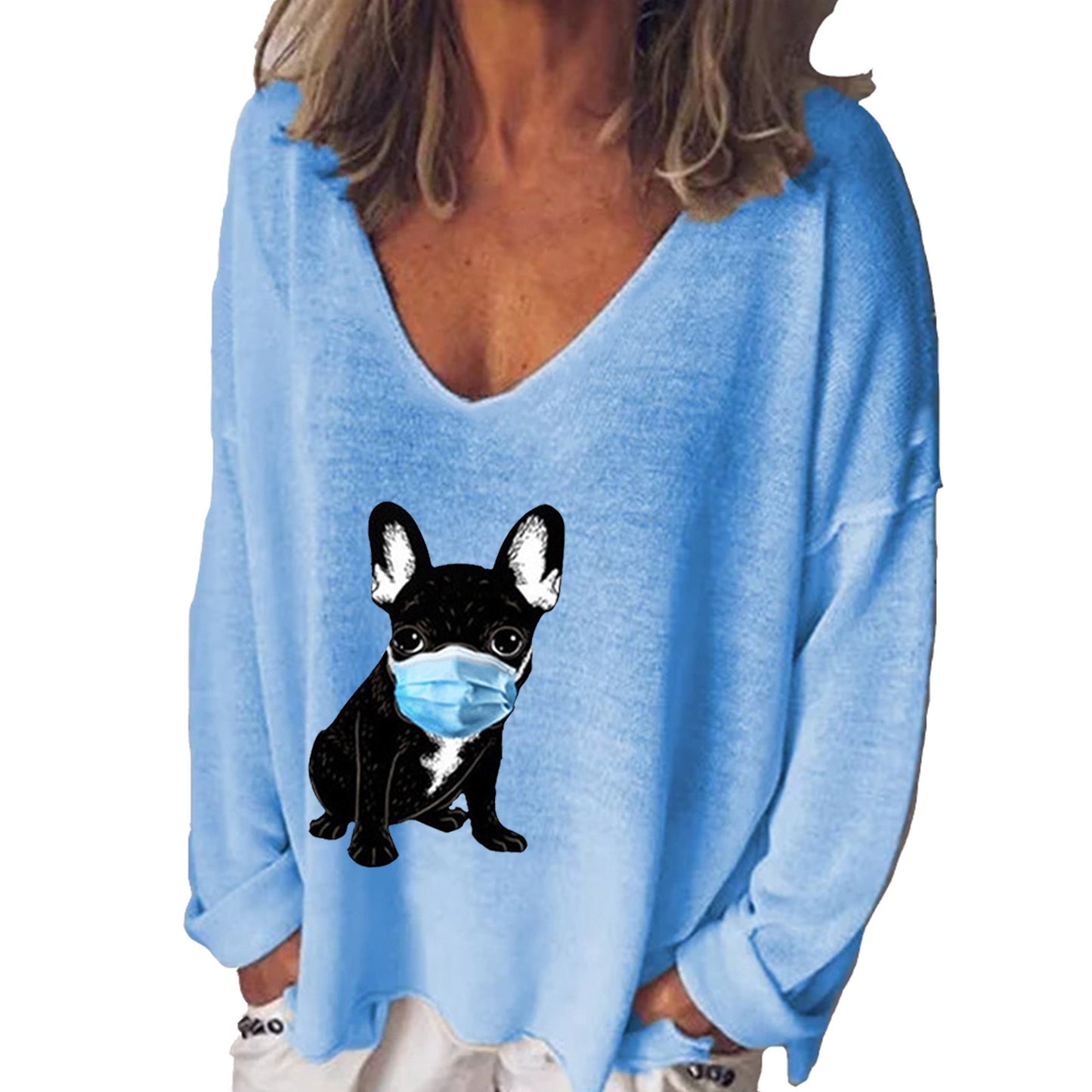 Puppy Muzzle Print V-Neck Long Sleeve T-Shirt Women