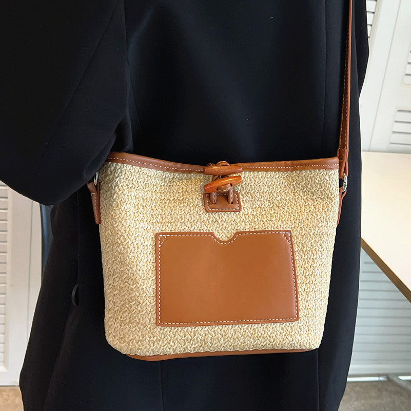 Versatile One-shoulder Bucket Woven Straw Bag