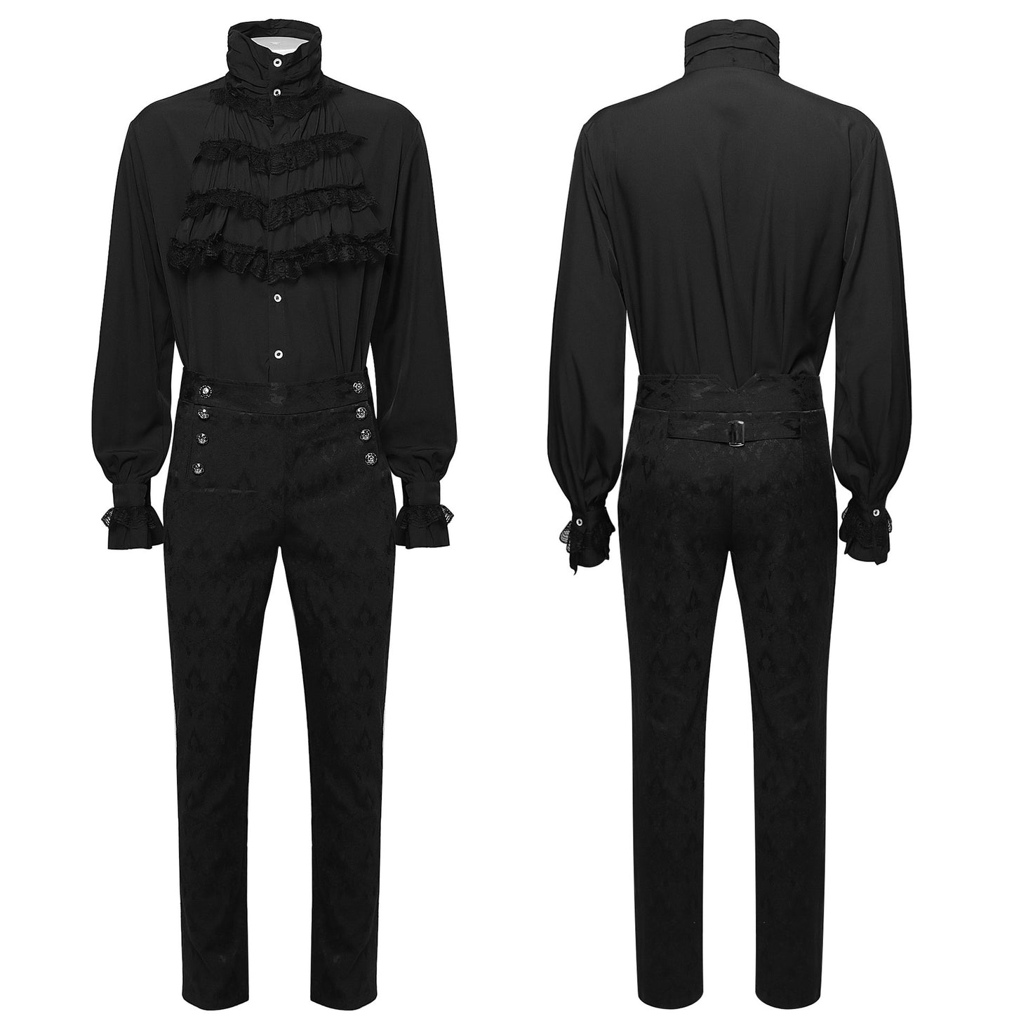 Mens Gothic Ruffle-Trimmed Stand-Up Collar Long-Sleeve Tie Shirt