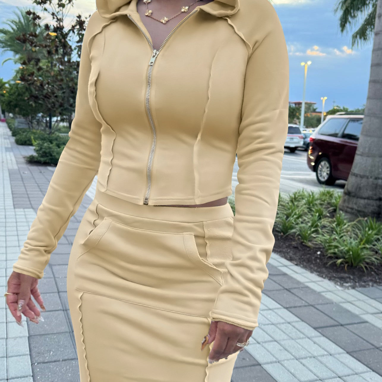 Stylish Solid-Color Hooded Slit Skirt Two-Piece Set