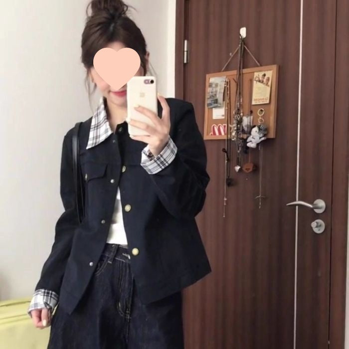 Women's Retro Short Plaid Patchwork Jacket