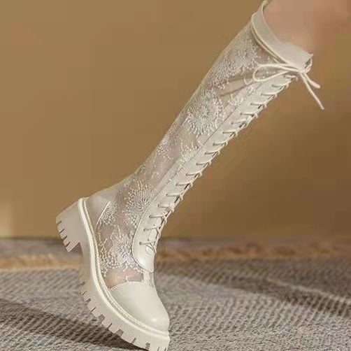 Chunky Heel Cutout Boots Women's White Martin Boots Thin