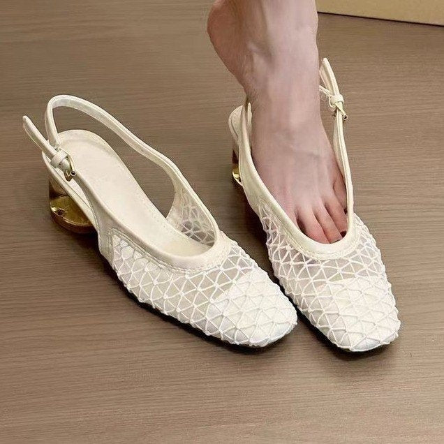 French Retro Square Toe Mesh Hollow Block Heel Mary Jane Sandals For Women