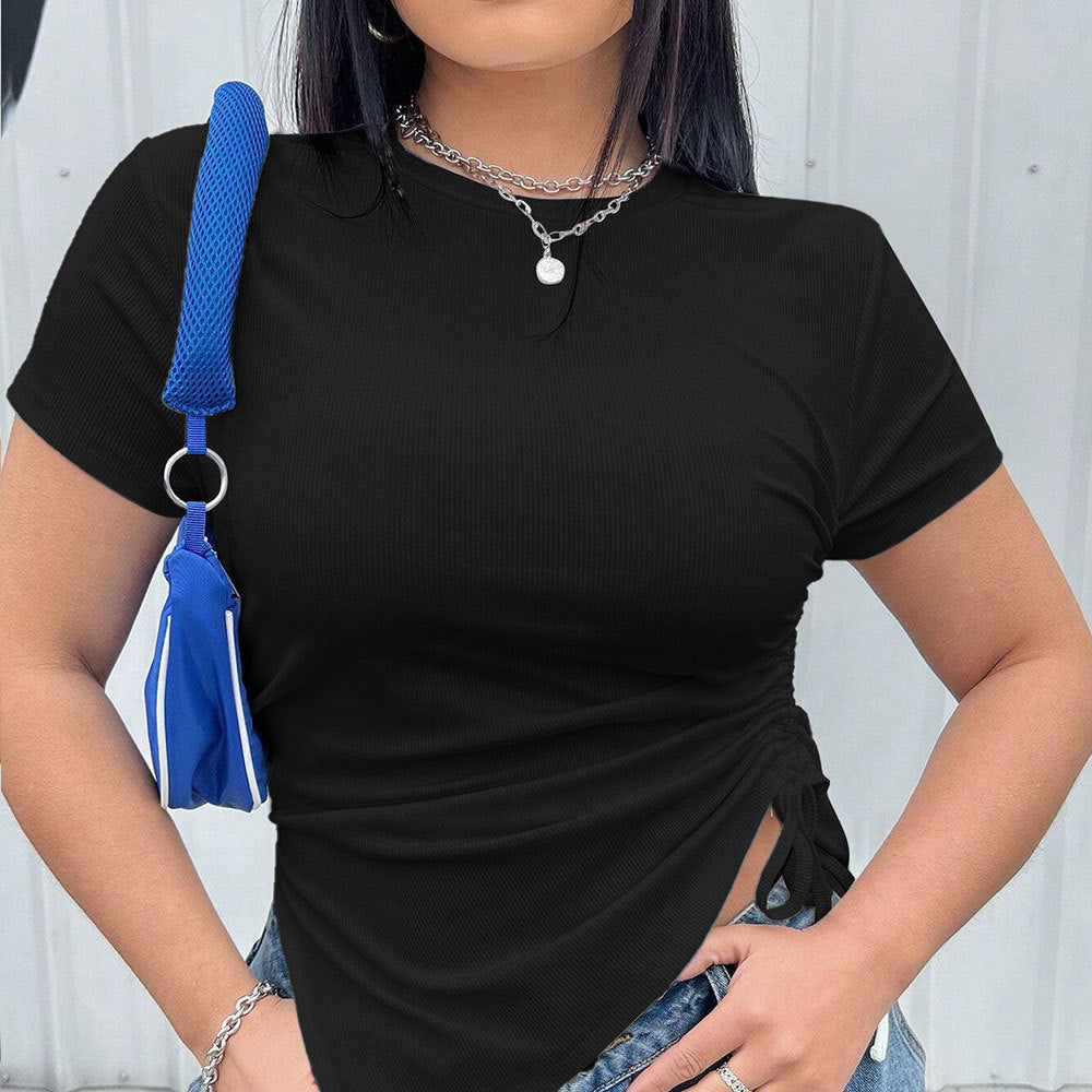Simple Style Round Neck T-shirt Slim Fit Solid Color Top