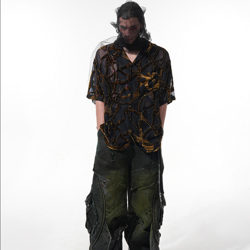 Lightweight Translucent Snake Pattern Short-sleeved Shirt For Men