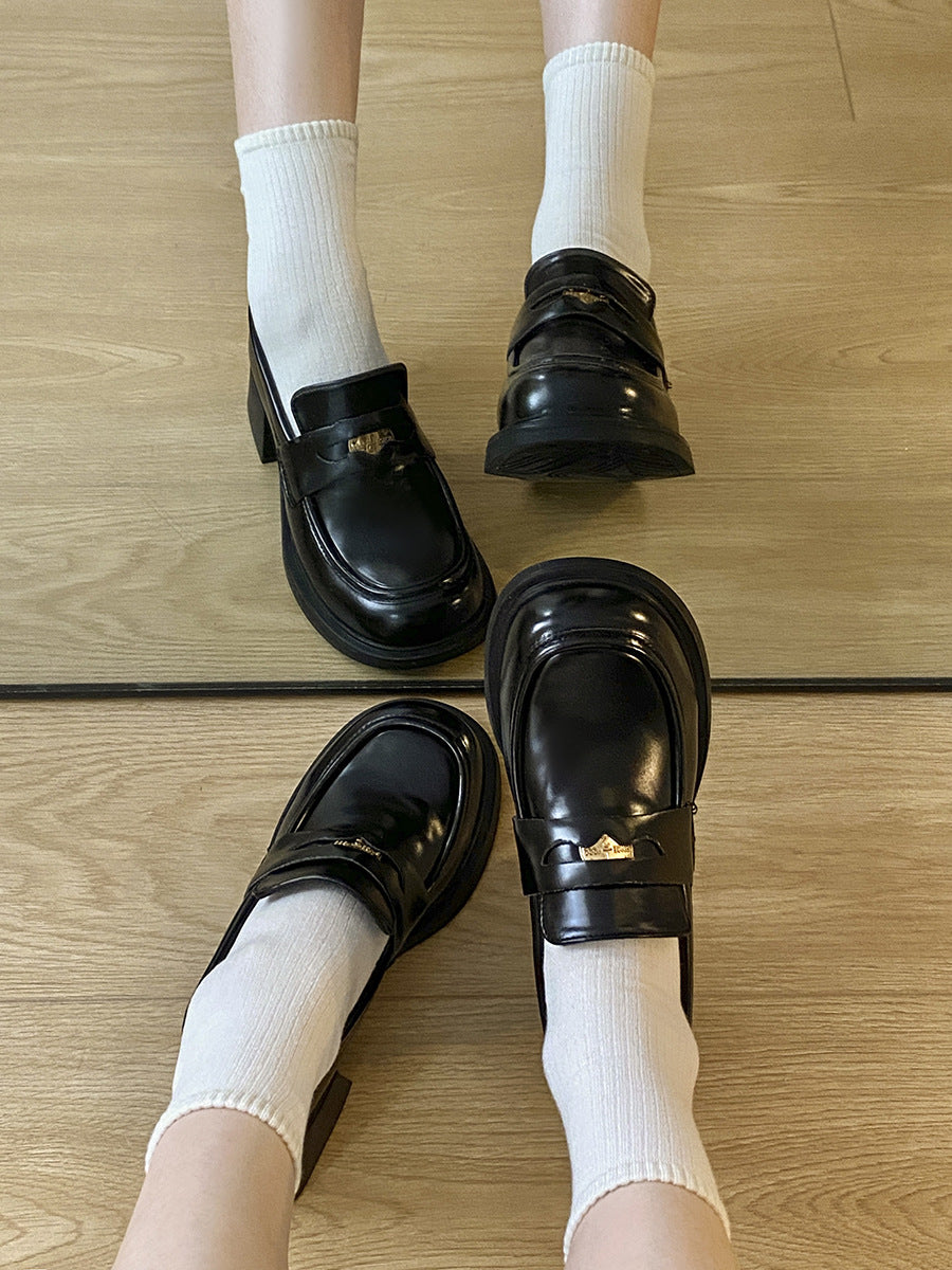 New Autumn And Winter Small Height Increasing Chunky Heel British Leather Shoes