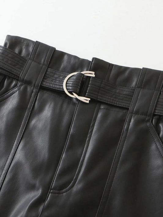 Women's All-match Slim Fashion Belt Lace-up Leather Pants