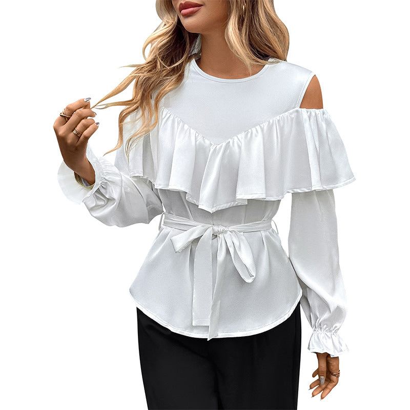 Women's Long-sleeved Ruffled Off-the-shoulder Lace-up Crew Neck Shirt